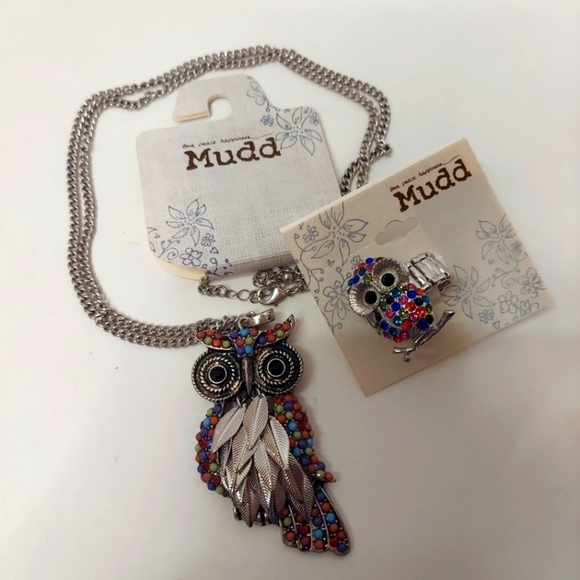 NWT Mudd Silver Owl Pendant Necklace, Adjustable Ring Set Multicolor Rhinestones - Picture 1 of 11